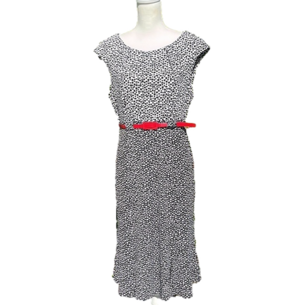 Dressbarn black white swing dress red belt cap sleeves geometric print NWT midi